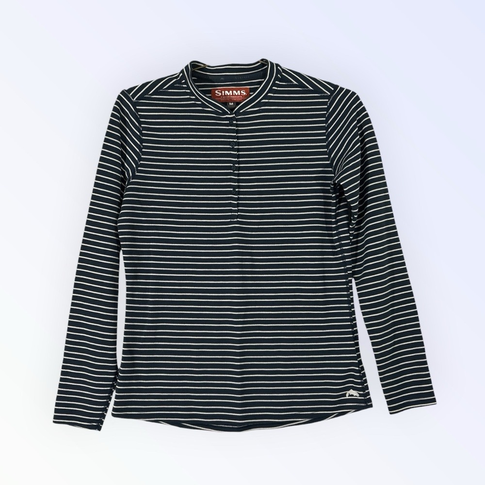 Simms Drifter Henley Top Women's Medium Navy Blue Stripe Waffle Weave Fishing